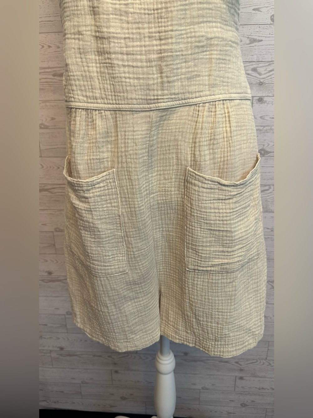 Zenana 100% Cotton Gauze Overall Romper Beige Boho Utility Pockets Size L - Picture 4 of 8